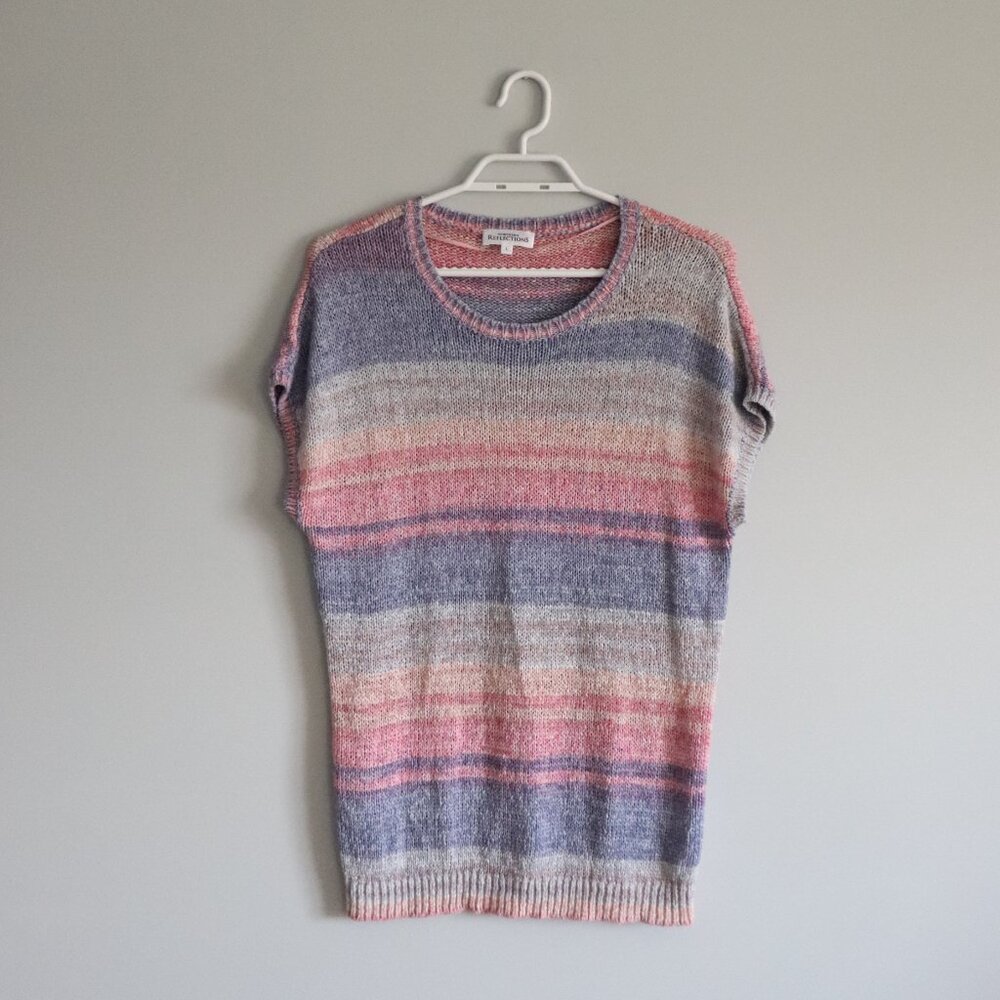 Northern Reflections Women's Sz L Multicolored Crew Striped‎ Crochet Tee Shirt